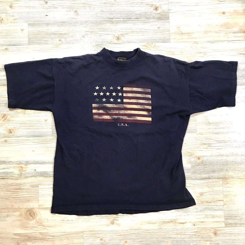 Vintage Outrigger T Shirt Mens Medium Navy Single Stitched USA American Flag 90s